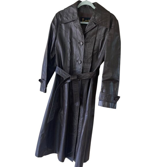 Imperial Vintage Womens Trench Coat Size 10 Brown Glossy Leather Belted - Picture 10 of 13